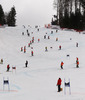 Course workers preparing course before start of the second run of men giant slalom race of Audi FIS Alpine skiing World cup in Garmisch-Partenkirchen, Germany. Men giant slalom race of Audi FIS Alpine skiing World cup season 2014-2015, was held on Sunday, 1st of March 2015 in Garmisch-Partenkirchen, Germany.
