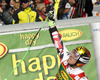 Second placed Marcel Hirscher of Austria reacts in the finish of the second run of Audi FIS Alpine skiing World cup giant slalom race. Men giant slalom race of Audi FIS Alpine skiing World cup 2014-2015 was held on Saturday, 14th of March 2015 on Vitranc slope in Kranjska Gora, Slovenia.
