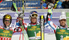 Winner Alexis Pinturault of France (M), second placed Marcel Hirscher of Austria (L) and third placed Thomas Fanara of France (R) in the finish of the second run of Audi FIS Alpine skiing World cup giant slalom race. Men giant slalom race of Audi FIS Alpine skiing World cup 2014-2015 was held on Saturday, 14th of March 2015 on Vitranc slope in Kranjska Gora, Slovenia.
