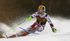 Marcel Hirscher of Austria skiing in first run of men slalom race of Audi FIS Alpine skiing World cup in Kranjska Gora, Slovenia. Men slalom race of Audi FIS Alpine skiing World cup season 2014-2015, was held on Sunday, 15th of March 2015 in Kranjska Gora, Slovenia.
