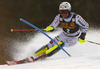 Mattias Hargin of Sweden skiing in first run of men slalom race of Audi FIS Alpine skiing World cup in Kranjska Gora, Slovenia. Men slalom race of Audi FIS Alpine skiing World cup season 2014-2015, was held on Sunday, 15th of March 2015 in Kranjska Gora, Slovenia.
