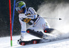 Axel Baeck of Sweden skiing in first run of men slalom race of Audi FIS Alpine skiing World cup in Kranjska Gora, Slovenia. Men slalom race of Audi FIS Alpine skiing World cup season 2014-2015, was held on Sunday, 15th of March 2015 in Kranjska Gora, Slovenia.
