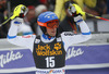 Fourth placed Markus Larsson of Sweden reacts in finish of the second run of men slalom race of Audi FIS Alpine skiing World cup in Kranjska Gora, Slovenia. Men slalom race of Audi FIS Alpine skiing World cup season 2014-2015, was held on Sunday, 15th of March 2015 in Kranjska Gora, Slovenia.
