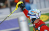 Second placed Giuliano Razzoli of Italy reacts in finish of the second run of men slalom race of Audi FIS Alpine skiing World cup in Kranjska Gora, Slovenia. Men slalom race of Audi FIS Alpine skiing World cup season 2014-2015, was held on Sunday, 15th of March 2015 in Kranjska Gora, Slovenia.
