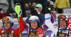 Winner Henrik Kristoffersen of Norway (M) second placed Giuliano Razzoli of Italy (L) and third placed Mattias Hargin of Sweden (R) celebrate their medals won in the men slalom race of Audi FIS Alpine skiing World cup in Kranjska Gora, Slovenia. Men slalom race of Audi FIS Alpine skiing World cup season 2014-2015, was held on Sunday, 15th of March 2015 in Kranjska Gora, Slovenia.
