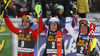 Winner Henrik Kristoffersen of Norway (M) second placed Giuliano Razzoli of Italy (L) and third placed Mattias Hargin of Sweden (R) celebrate their medals won in the men slalom race of Audi FIS Alpine skiing World cup in Kranjska Gora, Slovenia. Men slalom race of Audi FIS Alpine skiing World cup season 2014-2015, was held on Sunday, 15th of March 2015 in Kranjska Gora, Slovenia.
