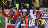 Winner Henrik Kristoffersen of Norway (M) second placed Giuliano Razzoli of Italy (L) and third placed Mattias Hargin of Sweden (R) celebrate their medals won in the men slalom race of Audi FIS Alpine skiing World cup in Kranjska Gora, Slovenia. Men slalom race of Audi FIS Alpine skiing World cup season 2014-2015, was held on Sunday, 15th of March 2015 in Kranjska Gora, Slovenia.
