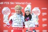 Overall World cup winner Anna Fenninger of Austria and Marcell Hirscher of Austria celebrates with their crystal globes for the Overall World cup during the overall winner Ceremony for the Overall FIS World Cup at the Roc de Fer in Meribel, France on 2015/03/22.
