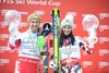 Overall World cup winner Anna Fenninger of Austria and Marcell Hirscher of Austria celebrates with their crystal globes for the Overall World cup during the overall winner Ceremony for the Overall FIS World Cup at the Roc de Fer in Meribel, France on 2015/03/22.
