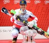 Overall World cup winner Marcell Hirscher of Austria celebrates with his crystal globe for the Overall World cup during the overall winner Ceremony for the Overall FIS World Cup at the Roc de Fer in Meribel, France on 2015/03/22.
