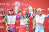 Overall World cup winner Marcell Hirscher of Austria, second placed Kjetil Jansrud of Norway and third placed Alexis Pinturault of France during the overall winner Ceremony for the Overall FIS World Cup at the Roc de Fer in Meribel, France on 2015/03/22.

