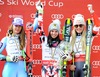 Overall World cup winner Anna Fenninger of Austria, second placed Tina Maze of Slovenia and third placed Lindsey Vonn of USA during the overall winner Ceremony for the Overall FIS World Cup at the Roc de Fer in Meribel, France on 2015/03/22.
