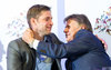 Benjamin Raich of Austria and President of the Austrian Skiing Federation Peter Schroecksnadel during the career end Press conference of Austrian Alpine Ski Athlete Benjamin Raich at Uniqa Tower in Vienna, Austria on 2015/09/10.
