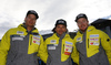 Victor Malmstrom  (L), Marcus Sandell (M) and Samu Torsti (R) during FIS alpine skiing World cup main sponsor Audi media talk, which was held before opening races of new Audi FIS Alpine skiing World cup season on Rettenbach glacier above Soelden, Austria. Audi Media talk was held on Thursday, 22nd of October 2015 in Soelden, Austria.
