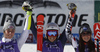 Winner Federica Brignone of Italy (M), second placed Mikaela Shiffrin of USA (L) and third placed Tina Weirather of Liechtenstein (R) celebrates their medals won in the women giant slalom race of Audi FIS Alpine skiing World cup in Soelden, Austria. Opening women giant slalom race of Audi FIS Alpine skiing World cup was held on Rettenbach glacier above Soelden, Austrai, on Saturday, 24th of October 2015.
