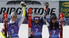 Winner Federica Brignone of Italy (M), second placed Mikaela Shiffrin of USA (L) and third placed Tina Weirather of Liechtenstein (R) celebrates their medals won in the women giant slalom race of Audi FIS Alpine skiing World cup in Soelden, Austria. Opening women giant slalom race of Audi FIS Alpine skiing World cup was held on Rettenbach glacier above Soelden, Austrai, on Saturday, 24th of October 2015.
