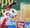 Henrik Kristoffersen of Norway reacts in finish of the second run of the men giant slalom race of Audi FIS Alpine skiing World cup in Soelden, Austria. Opening men giant slalom race of Audi FIS Alpine skiing World cup was held on Rettenbach glacier above Soelden, Austria, on Sunday, 25th of October 2015.
