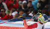 Winner Ted Ligety of USA reacts in finish of the second run of the men giant slalom race of Audi FIS Alpine skiing World cup in Soelden, Austria. Opening men giant slalom race of Audi FIS Alpine skiing World cup was held on Rettenbach glacier above Soelden, Austria, on Sunday, 25th of October 2015.
