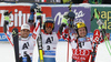 Winner Ted Ligety of USA (M), second placed Thomas Fanara of France (L) and third placed Marcel Hirscher of Austria (R) celebrate their medals won in the men giant slalom race of Audi FIS Alpine skiing World cup in Soelden, Austria. Opening men giant slalom race of Audi FIS Alpine skiing World cup was held on Rettenbach glacier above Soelden, Austria, on Sunday, 25th of October 2015.
