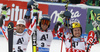 Winner Ted Ligety of USA (M), second placed Thomas Fanara of France (L) and third placed Marcel Hirscher of Austria (R) celebrate their medals won in the men giant slalom race of Audi FIS Alpine skiing World cup in Soelden, Austria. Opening men giant slalom race of Audi FIS Alpine skiing World cup was held on Rettenbach glacier above Soelden, Austria, on Sunday, 25th of October 2015.
