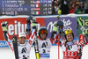 Winner Ted Ligety of USA (M), second placed Thomas Fanara of France (L) and third placed Marcel Hirscher of Austria (R) celebrate their medals won in the men giant slalom race of Audi FIS Alpine skiing World cup in Soelden, Austria. Opening men giant slalom race of Audi FIS Alpine skiing World cup was held on Rettenbach glacier above Soelden, Austria, on Sunday, 25th of October 2015.
