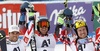 Winner Ted Ligety of USA (M), second placed Thomas Fanara of France (L) and third placed Marcel Hirscher of Austria (R) celebrate their medals won in the men giant slalom race of Audi FIS Alpine skiing World cup in Soelden, Austria. Opening men giant slalom race of Audi FIS Alpine skiing World cup was held on Rettenbach glacier above Soelden, Austria, on Sunday, 25th of October 2015.
