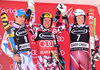 2nd placed Victor Muffat-Jeandet of France ( L ), winner Marcel Hirscher of Austria and 3rd placed Henrik Kristoffersen of Norway celebrate on podium during the award winner ceremony of mens Giant Slalom of the Beaver Creek FIS Ski Alpine World Cup at the Birds of Prey Course in Beaver Creek, United States on 2015/12/05.
