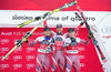 2nd placed Kjetil Jansrud of Norway ( L ), winner Aksel Lund Svindal of Norway ( C ) and 3rd placed Aleksander Aamodt Kilde of Norway ( R ) during the Award winner presentation of the men Super G of Groeden FIS Ski Alpine World Cup at the Saslong Course in Gardena, Italy on 2015/12/17.
