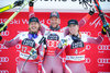 2nd placed Kjetil Jansrud of Norway ( L ), winner Aksel Lund Svindal of Norway ( C ) and 3rd placed Aleksander Aamodt Kilde of Norway ( R ) during the winner presentation of the Groeden FIS Ski Alpine World Cup at the Saslong in Groeden, Italy on 2015/12/18.
