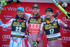 Second placed Guillermo Fayed of France, first placed Aksel Lund Svindal of Norway, third placed Kjetil Jansrud of Norway during winnerpresentation of  men Downhill of the Groeden FIS Ski Alpine World Cup at the Saslong in Groeden, Italy on 2015/12/18.
