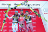 2nd placed Guillermo Fayed of France ( L ), winner Aksel Lund Svindal of Norway ( C ), 3rd placed Kjetil Jansrud of Norway ( R ) during the award winner ceremony of the men downhill of Groeden FIS Ski Alpine World Cup at the Saslong Course in Gardena, Italy on 2015/12/19.
