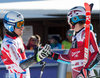 Winner Marcel Hirscher of Austria ( L ), 2nd placed Henrik Kristoffersen of Norway ( R ) reacts in the finish Area during 2nd run of mens Giant Slalom of the Alta Badia FIS Ski Alpine World Cup at the Gran Risa Course in La Villa Stern, Italy on 2015/12/20.
