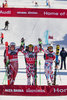 2nd placed Henrik Kristoffersen of Norway ( L ), winner Marcel Hirscher of Austria ( C ), 3rd placed Victor Muffat-Jeandet of France ( R ) Celebrate on Podium during the award ceremony after men Giant Slalom of the Alta Badia FIS Ski Alpine World Cup at the Gran Risa Course in La Villa Stern, Italy on 2015/12/20.
