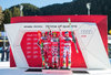 2nd placed Henrik Kristoffersen of Norway ( L ), winner Marcel Hirscher of Austria ( C ), 3rd placed Victor Muffat-Jeandet of France ( R ) Celebrate on Podium during the award ceremony after men Giant Slalom of the Alta Badia FIS Ski Alpine World Cup at the Gran Risa Course in La Villa Stern, Italy on 2015/12/20.
