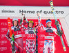 2nd placed Henrik Kristoffersen of Norway ( L ), winner Marcel Hirscher of Austria ( C ), 3rd placed Victor Muffat-Jeandet of France ( R ) Celebrate on Podium during the award ceremony after men Giant Slalom of the Alta Badia FIS Ski Alpine World Cup at the Gran Risa Course in La Villa Stern, Italy on 2015/12/20.
