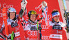 2nd placed Henrik Kristoffersen of Norway ( L ), winner Marcel Hirscher of Austria ( C ), 3rd placed Victor Muffat-Jeandet of France ( R ) Celebrate on Podium during the award ceremony after men Giant Slalom of the Alta Badia  FIS Ski Alpine World Cup at the Gran Risa Course in La Villa Stern, Italy on 2015/12/20.
