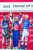 2nd placed Tina Weirather of Liechtenstein, Winner Lara Gut of Switzerland and 3rd placed Viktoria Rebensburg of Germany during award ceremony after ladies Giant Slalom of the Lienz FIS Ski Alpine World Cup at the Hochstein in Lienz, Austria on 2015/12/28.

