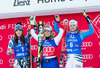 2nd placed Tina Weirather of Liechtenstein, Winner Lara Gut of Switzerland and 3rd placed Viktoria Rebensburg of Germany during award ceremony after ladies Giant Slalom of the Lienz FIS Ski Alpine World Cup at the Hochstein in Lienz, Austria on 2015/12/28.
