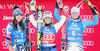 Second placed Tina Weirather of Liechtenstein, winner Lara Gut of Switzerland and third placed Viktoria Rebensburg of Germany during Winner Award Ceremony of ladies Giant Slalom of the Lienz FIS Ski Alpine World Cup at the Hochstein in Lienz, Austria on 2015/12/28.
