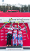 2nd placed Hannes Reichelt of Austria ( L ), winner Adrien Theaux of France ( C ) and 3rd placed David Poisson of France ( R ) during the award winner ceremony of the men downhill of the Santa Caterina FIS Ski Alpine World Cup at the Deborah Compagnoni Course in Santa Caterina, Italy on 2015/12/29.
