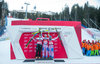 2nd placed Hannes Reichelt of Austria ( L ), winner Adrien Theaux of France ( C ) and 3rd placed David Poisson of France ( R ) during the award winner ceremony of the men downhill of the Santa Caterina FIS Ski Alpine World Cup at the Deborah Compagnoni Course in Santa Caterina, Italy on 2015/12/29.
