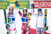 2nd placed Sarka Strachova of Czech Republic ( L ), winner Nina Loeseth of Norway ( C ) and 3rd placed Veronika Velez Zuzulova of Slovakia ( R ) celebrates on podium during the award winner ceremony of the women Slalom of the Santa Caterina FIS Ski Alpine World Cup at the Deborah Compagnoni Course in Santa Caterina, Italy on 2016/01/05.
