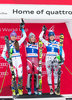 2nd placed Sarka Strachova of Czech Republic ( L ), winner Nina Loeseth of Norway ( C ) and 3rd placed Veronika Velez Zuzulova of Slovakia ( R ) celebrates on podium during the award winner ceremony of the women Slalom of the Santa Caterina FIS Ski Alpine World Cup at the Deborah Compagnoni Course in Santa Caterina, Italy on 2016/01/05.
