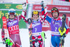 2nd placed Henrik Kristoffersen of Norway ( L ), winner Marcel Hirscher of Austria ( C ) and 3rd placed Alexander Khoroshilov of Russian Federation celebrates on podium during the award winner ceremony of the mens Slalom of the Santa Caterina FIS Ski Alpine World Cup at the Deborah Compagnoni Course in Santa Caterina, Italy on 2016/01/06.
