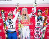Second placed Lara Gut of Switzerland ( L ) winner Lindsey Vonn of the USA ( C ) and third placed Cornelia Huetter of Austria during Winner Award Ceremony of ladies Super G of the Zauchensee FIS Ski Alpine World Cup at the Keelberloch Rennstrecke in Altenmarkt Zauchensee, Austria on 2016/01/10.
