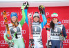 Second placed Ana Drev of Slovenia ( L ) winner Viktoria Rebensburg of Germany ( C ) and third placed Federica Brignone of Italy celebrates on podium after women Giant Slalom for the FIS Ski Alpine World Cup at the Hermann Maier Weltcupstrecke in Flachau, Austria on 2016/01/17.
