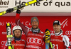 Winner Aksel Lund Svindal of Norway (M), second placed Andrew Weibrecht of USA (L) and third placed Hannes Reichelt of Austria (R) celebrate their medals won in the men super-g race of Audi FIS Alpine skiing World cup in Kitzbuehel, Austria. Men super-g race of Audi FIS Alpine skiing World cup was held on Hahnenkamm course in Kitzbuehel, Austria, on Friday, 22nd of January 2016.
