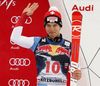 Third placed Carlo Janka of Switzerland celebrates his third placed in the men downhill race of Audi FIS Alpine skiing World cup in Kitzbuehel, Austria. Men downhill race of Audi FIS Alpine skiing World cup was held on Hahnenkamm course in Kitzbuehel, Austria, on Saturday, 23rd of January 2016.
