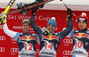 Winner Peter Fill of Italy (M), second placed Beat Feuz of Switzerland (L) and third placed Carlo Janka of Switzerland (R) celebrate their medals won in the men downhill race of Audi FIS Alpine skiing World cup in Kitzbuehel, Austria. Men downhill race of Audi FIS Alpine skiing World cup was held on Hahnenkamm course in Kitzbuehel, Austria, on Saturday, 23rd of January 2016.
