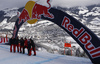 Toro Rosso-Ferrari F1 drivers Max Verstappen (L), Red Bull-TAG Heuer F1 driver Daniel Ricciardo (2nd from L), Repsol Honda MotoGP rider Marc Marquez (3rd from L), Red Bull-TAG Heuer F1 driver Daniel Kyat (3rd from R), Repsol Honda MotoGP rider Dani Pedrosa (2nd from R) and Toro Rosso-Ferrari F1 drivers Sebastian Buemi (R) before start of the men downhill race of Audi FIS Alpine skiing World cup in Kitzbuehel, Austria. Men downhill race of Audi FIS Alpine skiing World cup was held on Hahnenkamm course in Kitzbuehel, Austria, on Saturday, 23rd of January 2016.
